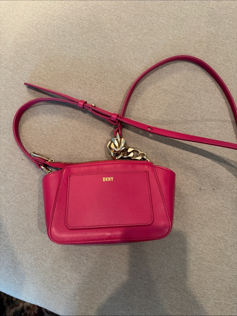DKNY Fuchsia Leather Crossbody with Gold Chain Detail